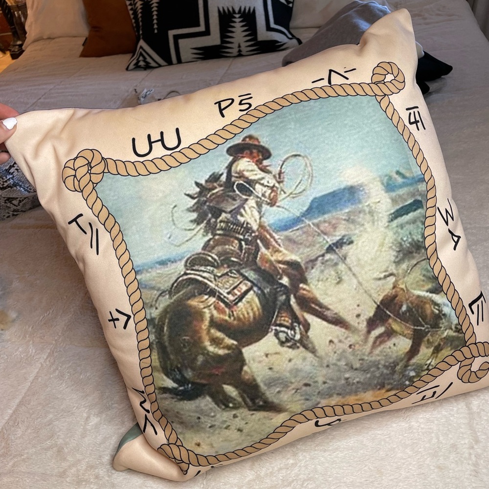Western cattle brand bucking horse pillow